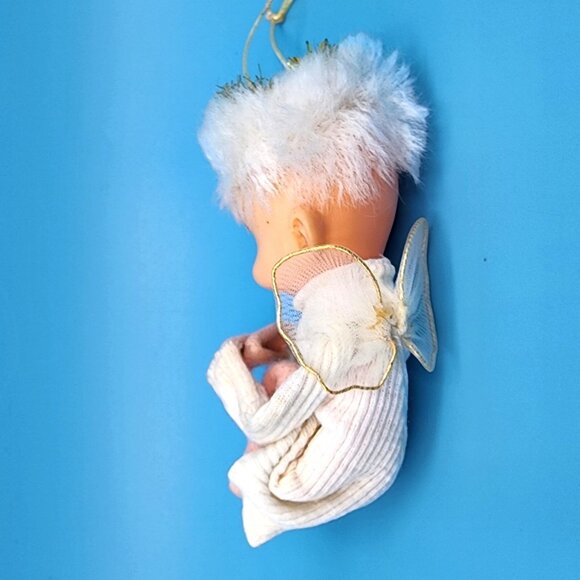 Vintage 1950s Shabby Pixie Angel Ornament Felt Knee Hugger Tinsel Sleepy Eyes - Picture 4 of 9
